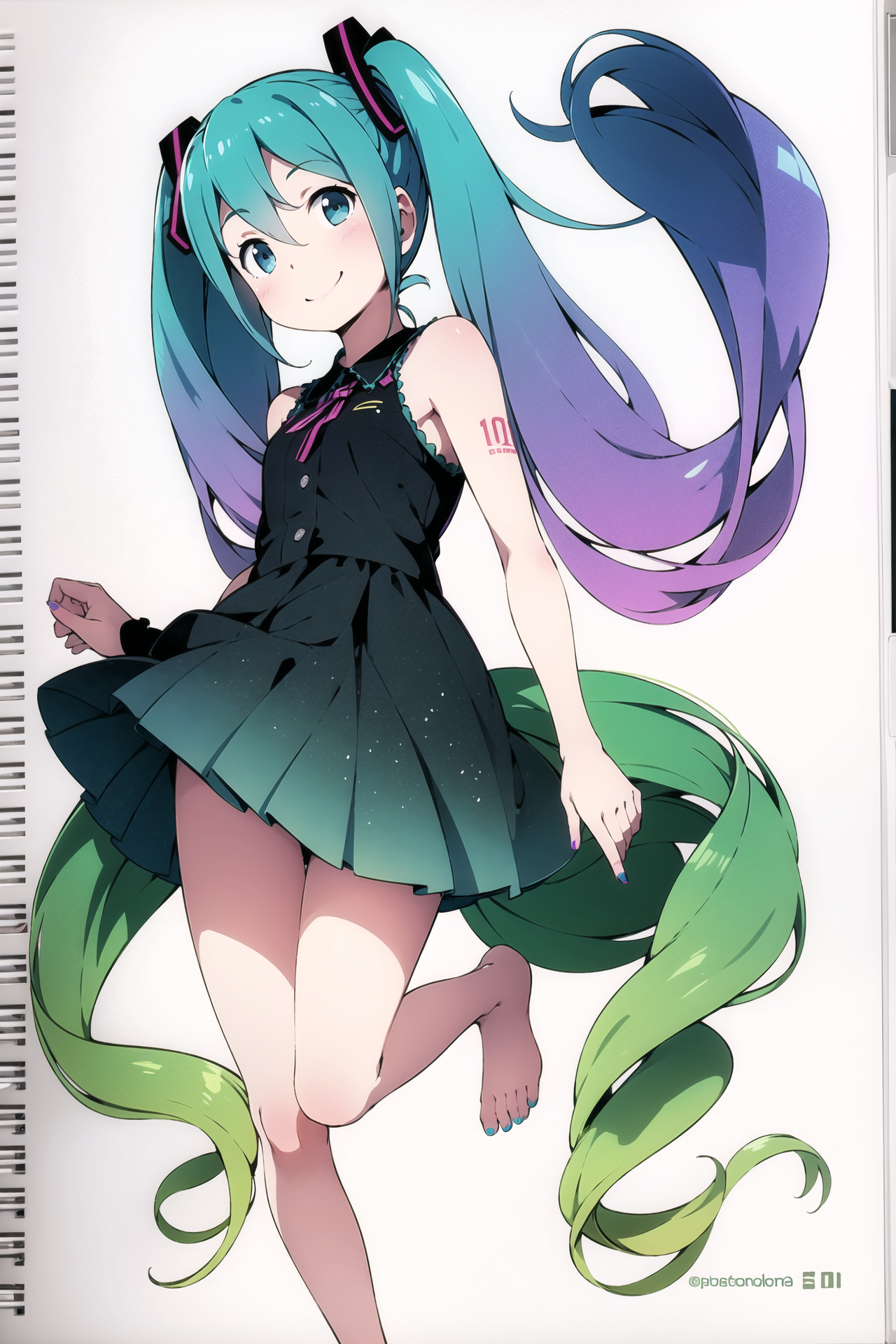 06933-694692253-1girl, long hair, solo, hatsune miku, barefoot,  twintails, very long hair, gradient hair, multicolored hair, nail polish, skirt.png